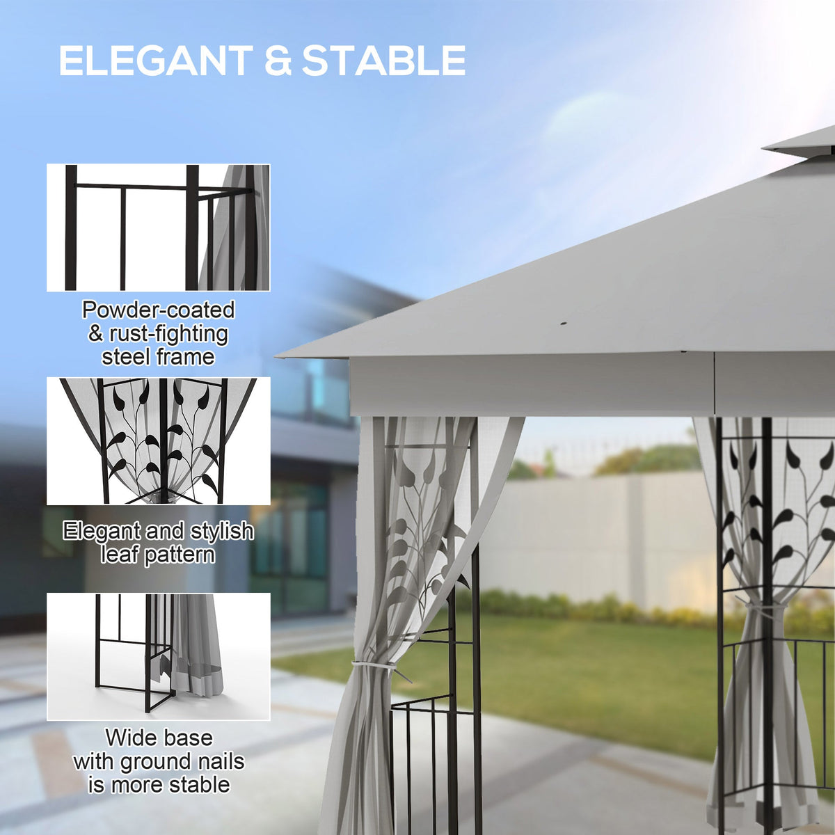 3 x 3m Garden Gazebo with Double Roof & Netting, Light Grey — product view 7