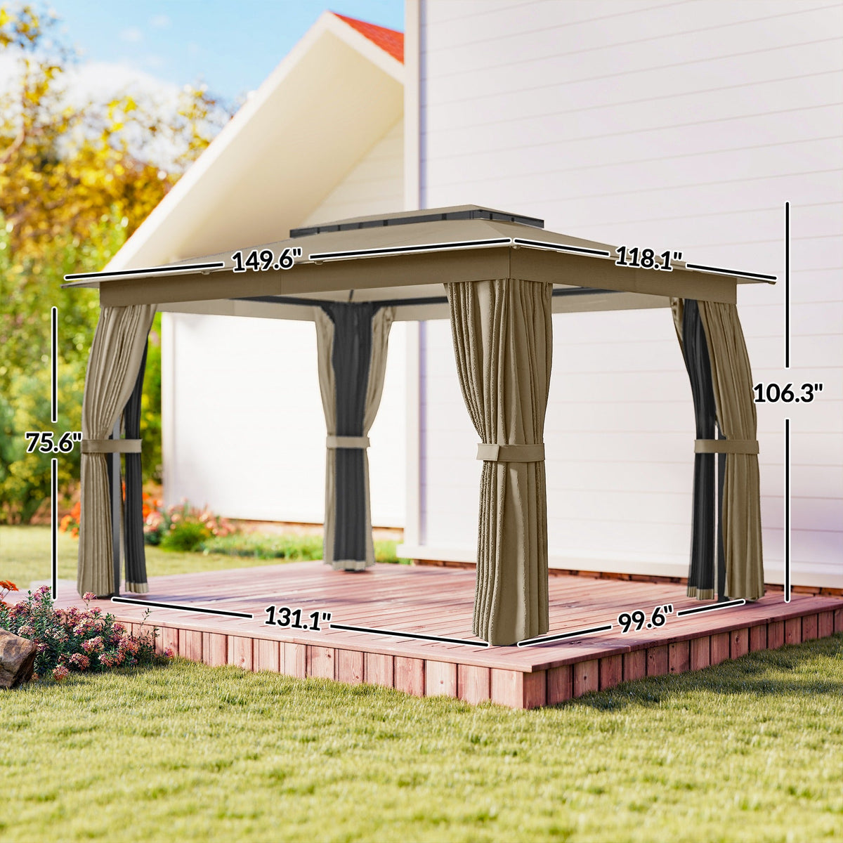10' x 12' Soft Top Gazebo Canopy Shelter with Double Roof, Curtains, UPF30+ Protection, Deck, Khaki — product view 5