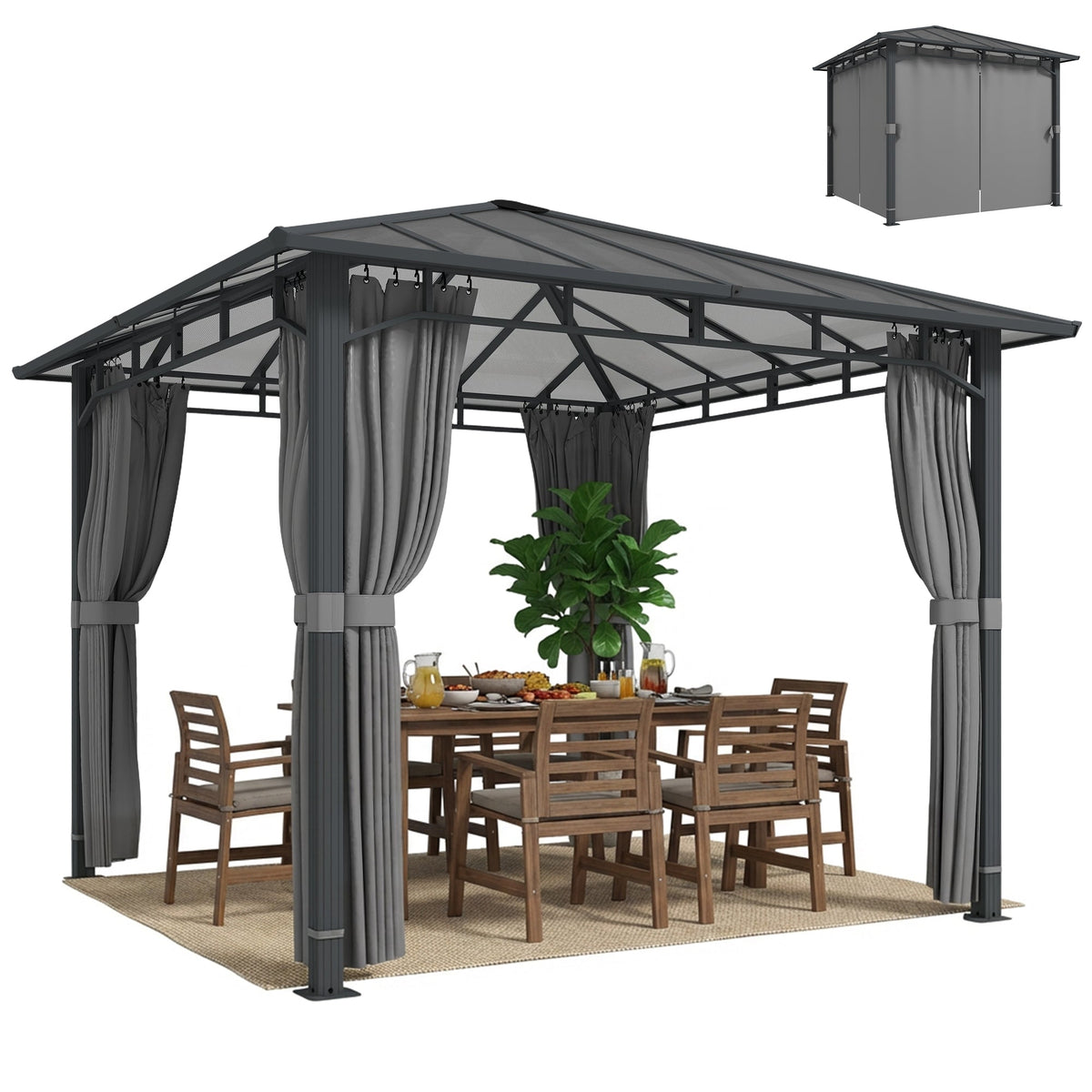 3 x 3 m Hardtop Gazebo with Polycarbonate Roof and Curtains, Tan — product view 1