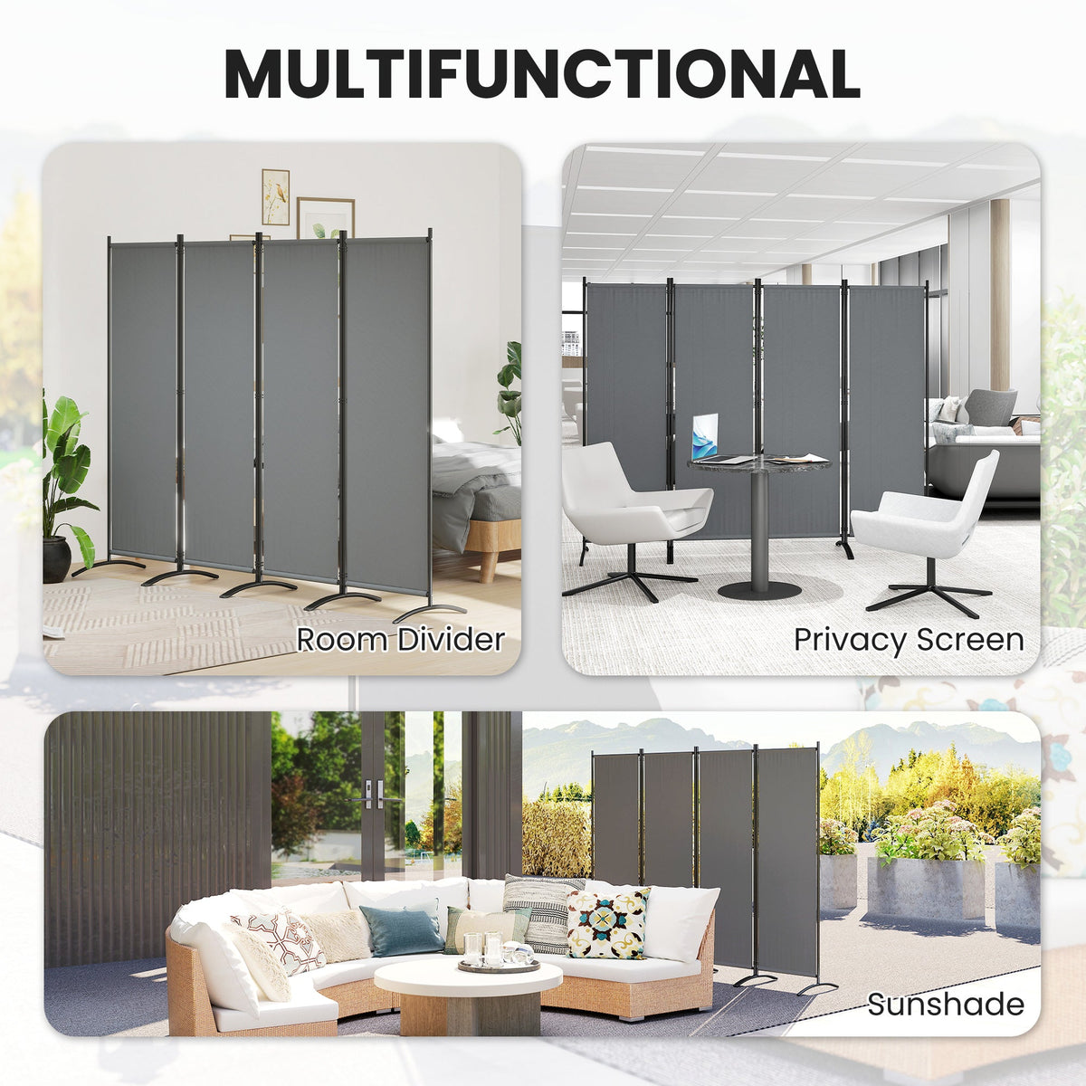 4 Panel Folding Room Divider with Wide Feet, Dark Grey — product view 6