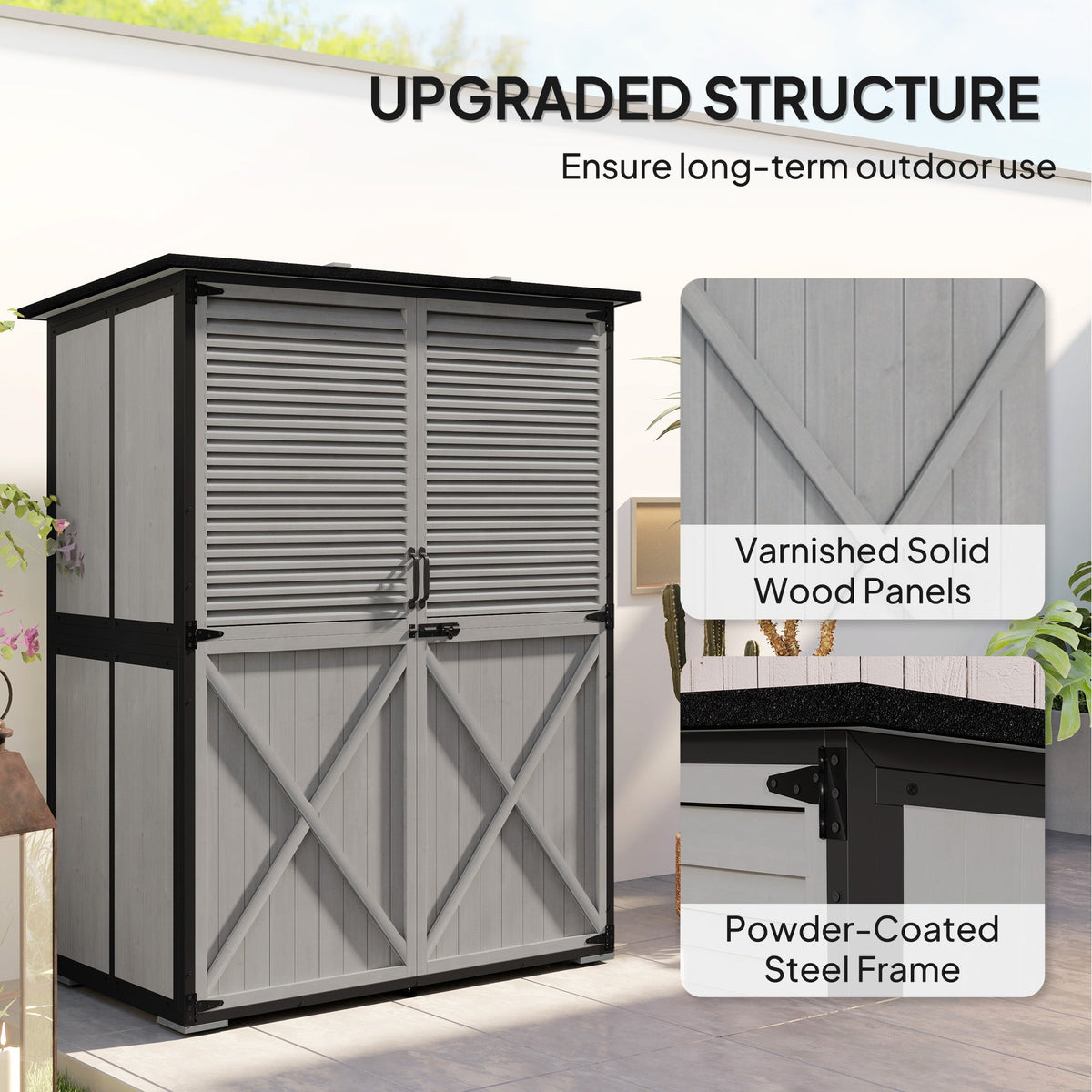 Wood Outdoor Storage Cabinet with Lock and Shelves, Gray — product view 6