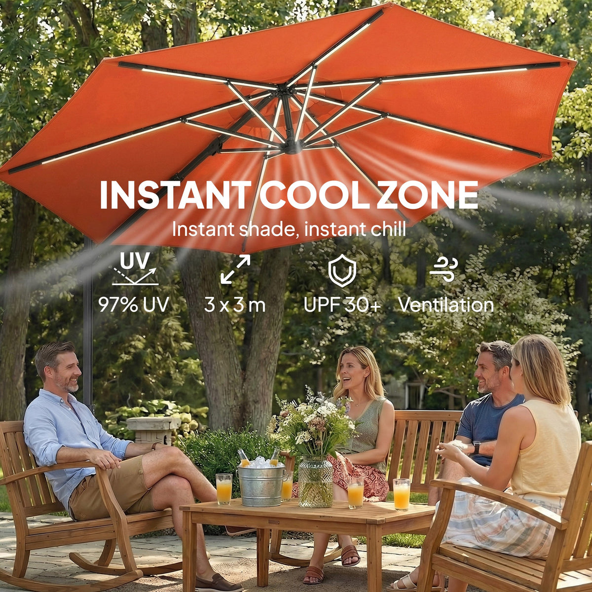 3 m Cantilever Parasol with Solar LED Light, Cover & 360° Rotation, Orange — product view 7
