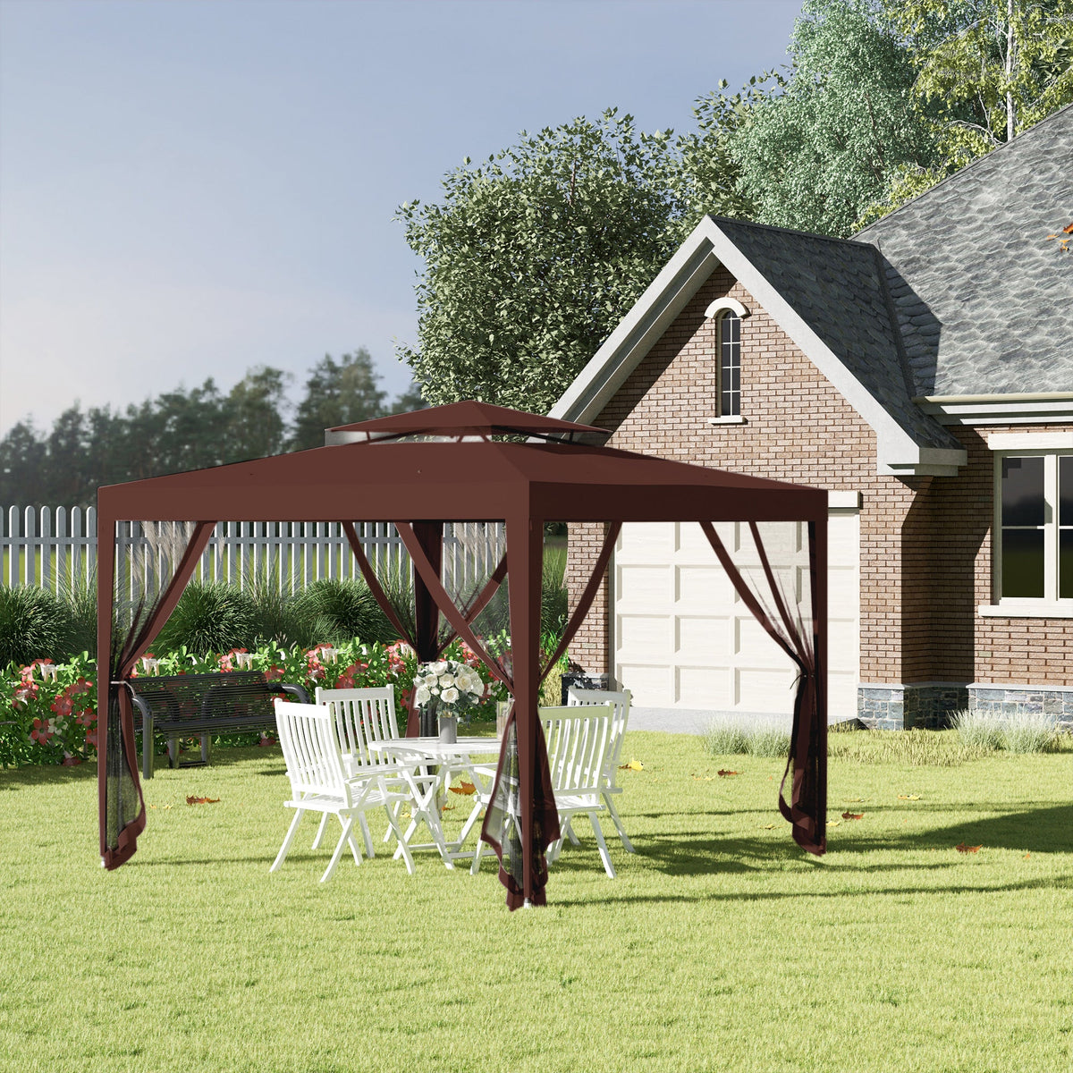10' x 10' Canopy Tent with Mesh Netting and Double Tier Roof, Brown — product view 3