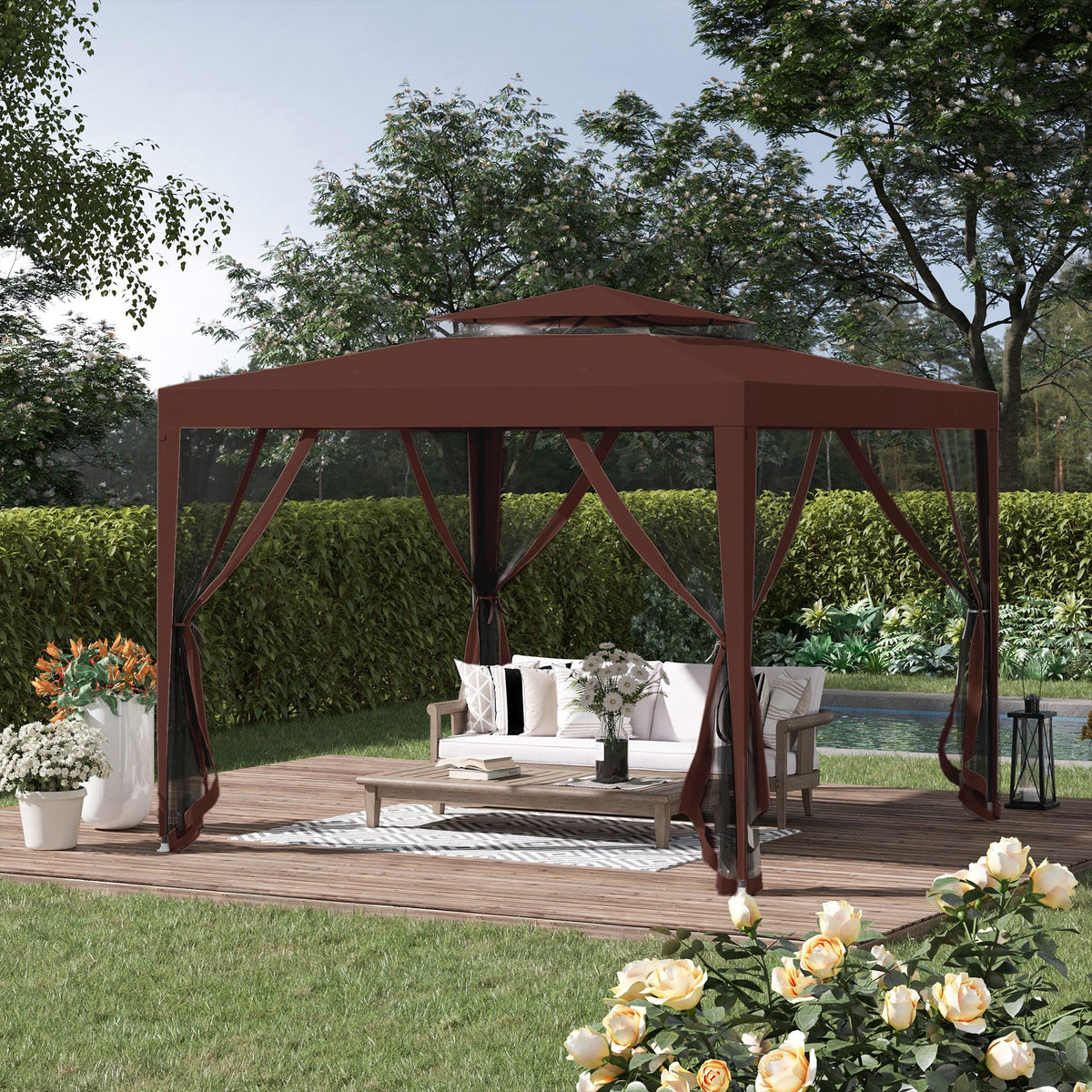 10' x 10' Canopy Tent with Mesh Netting and Double Tier Roof, Brown — product view 4