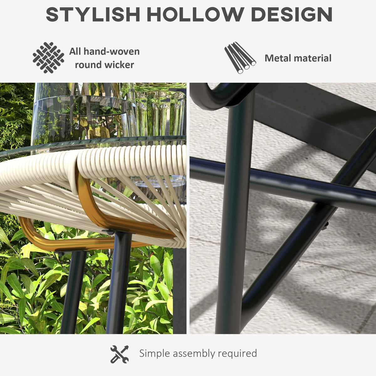 Round Rattan Side Table with Tempered Glass Top, Cream White — product view 7