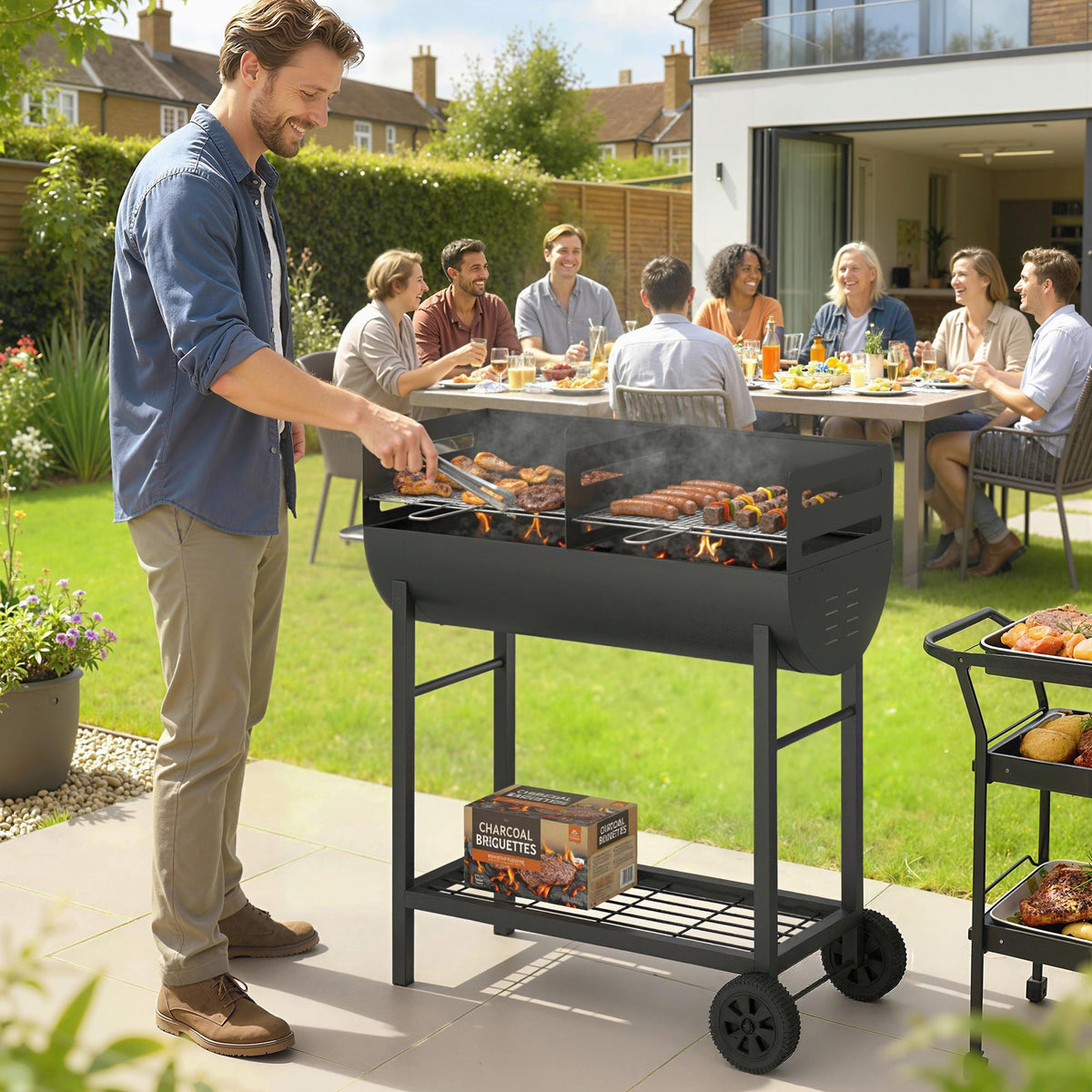 Charcoal BBQ Trolley, Metal 2-Zone Grill on Wheels, Adjustable Grates, Black — product view 3