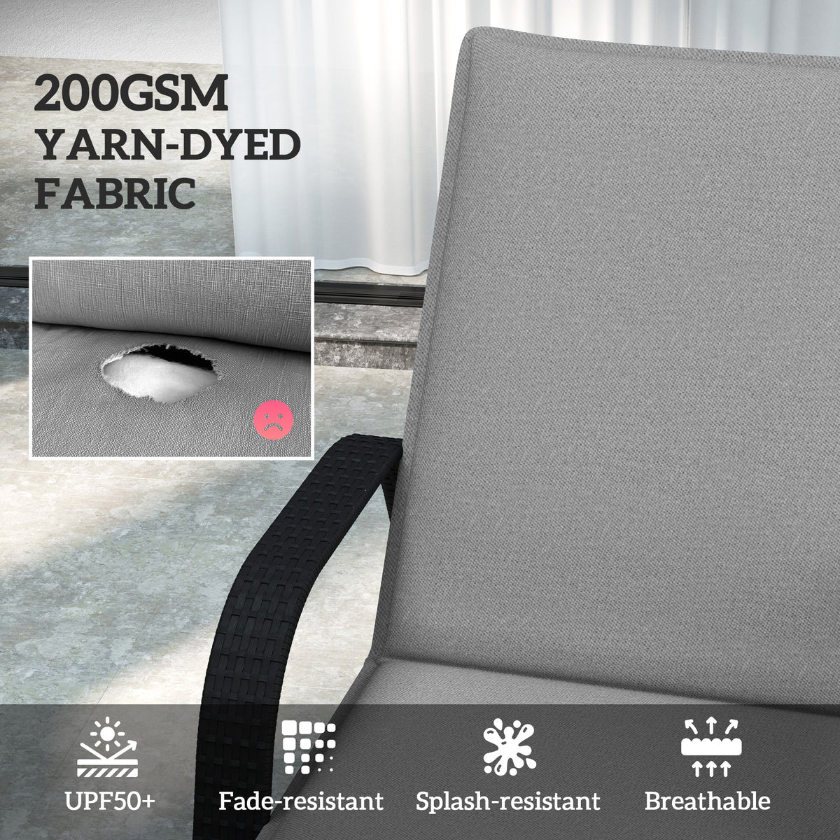 2-Piece Outdoor Lounge Chair Cushions, 76" x 23", Gray — product view 6
