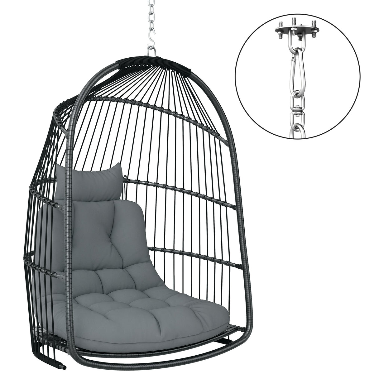 Foldable Hanging Egg Chair with Cushion, Headrest and Kit, Dark Grey — product view 1