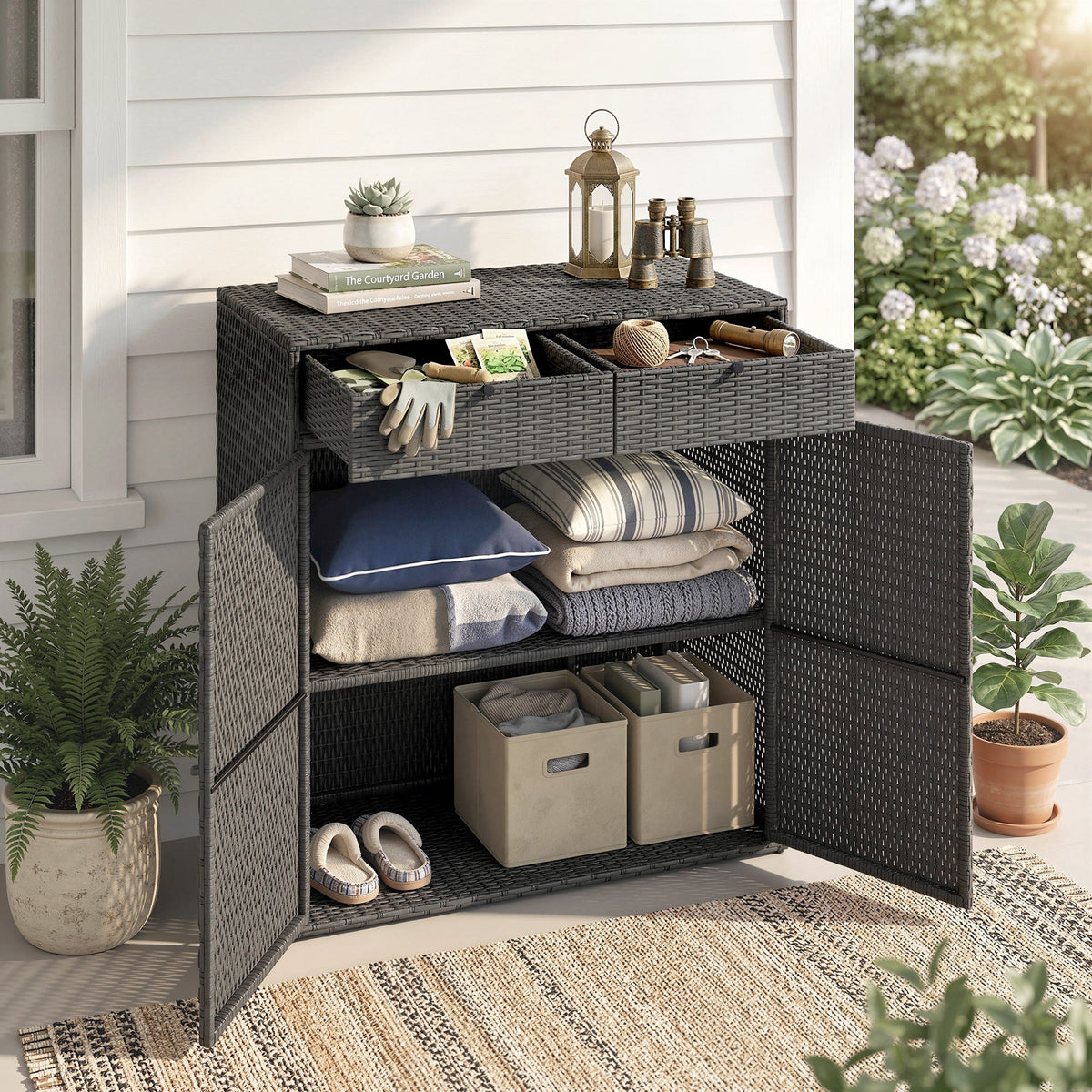 Wicker Outdoor Storage Cabinet with 2 Drawers and 2-Tier Shelves, Dark Grey — product view 4