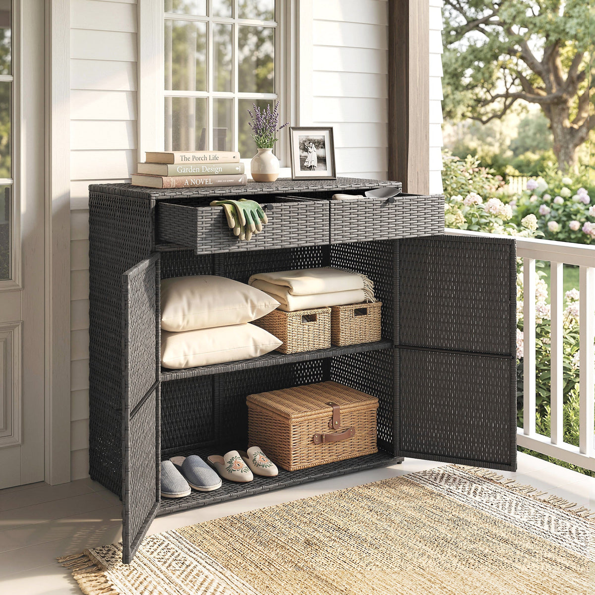 Wicker Outdoor Storage Cabinet with 2 Drawers and 2-Tier Shelves, Dark Grey — product view 3