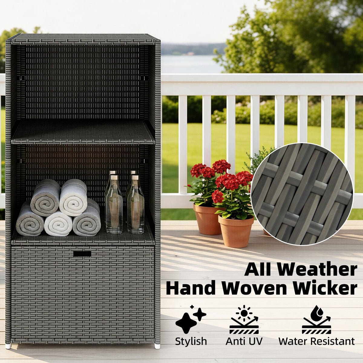 Pool Towel Rack with 2 Shelves and Basket Drawer, PE Rattan, Dark Gray — product view 7