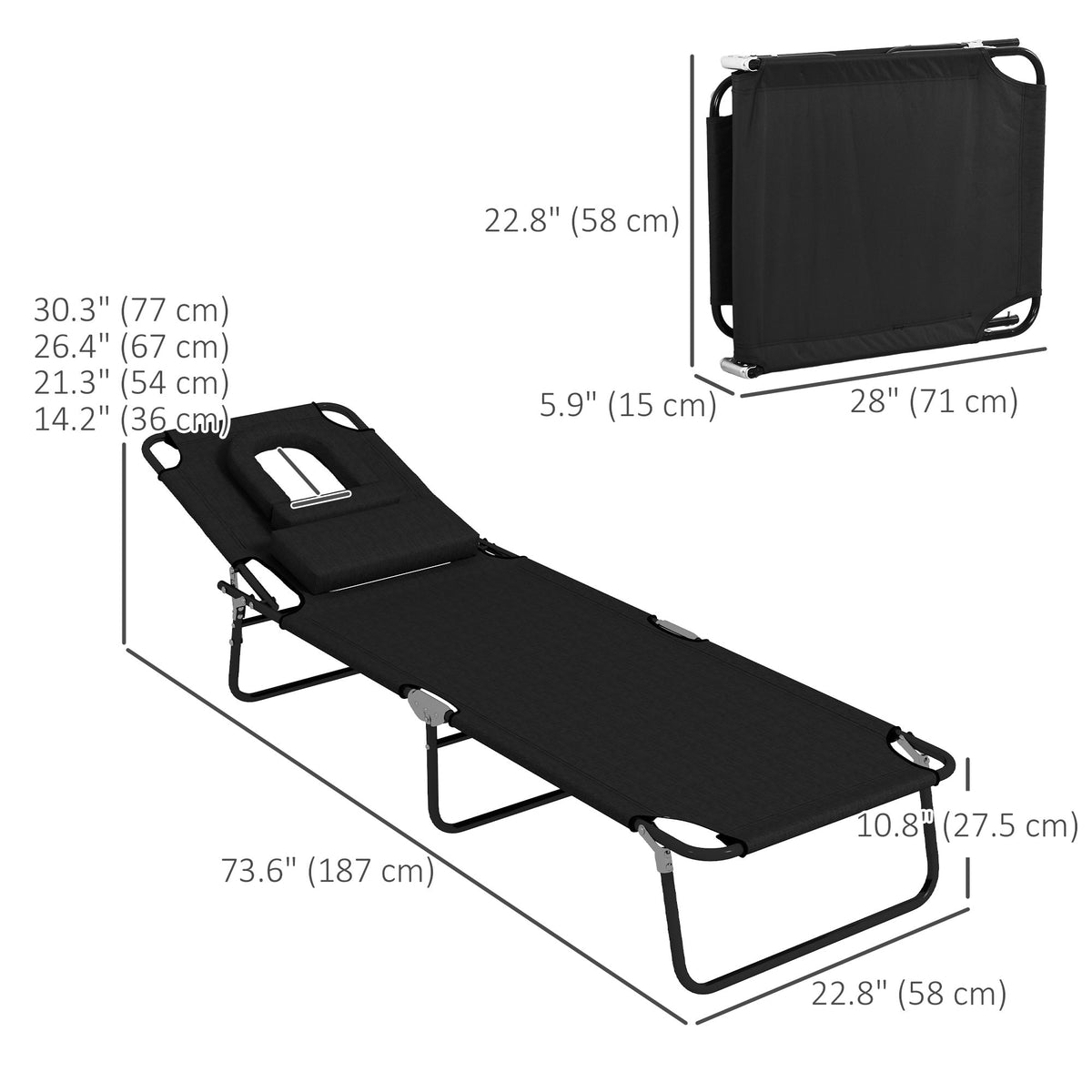2pcs Adjustable Outdoor Lounge Chairs with Face Hole, Black — product view 5