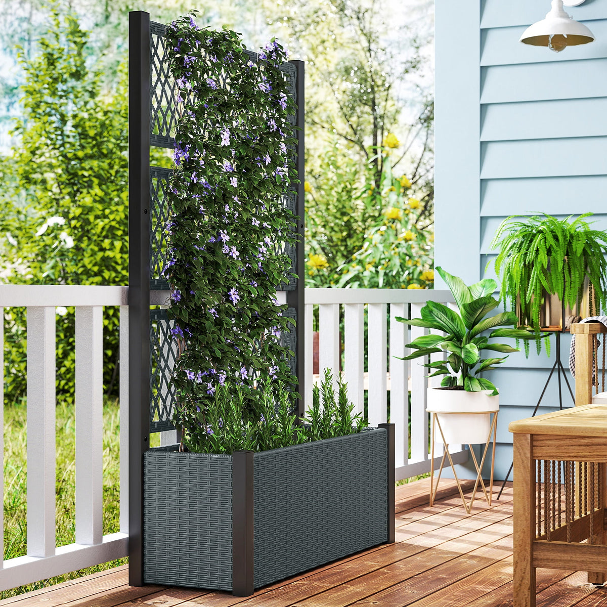 58" Wicker Outdoor Planter with Trellis and Privacy Screen, Dark Grey — product view 4