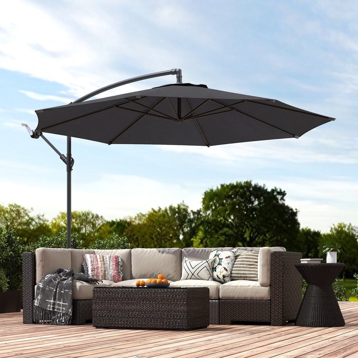3 m Banana Parasol with Crank Handle, 8 Ribs & Cross Base, Black — product view 3