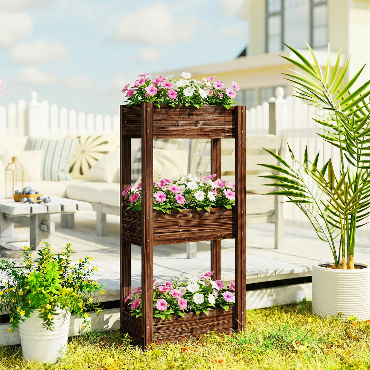 3-Tier Wooden Raised Planter with Liner, 60 x 25 x 120 cm — product view 3