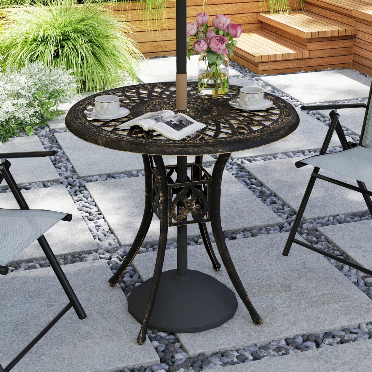 78 cm Round Cast Aluminium Garden Table with Parasol Hole, Bronze Tone — product view 3