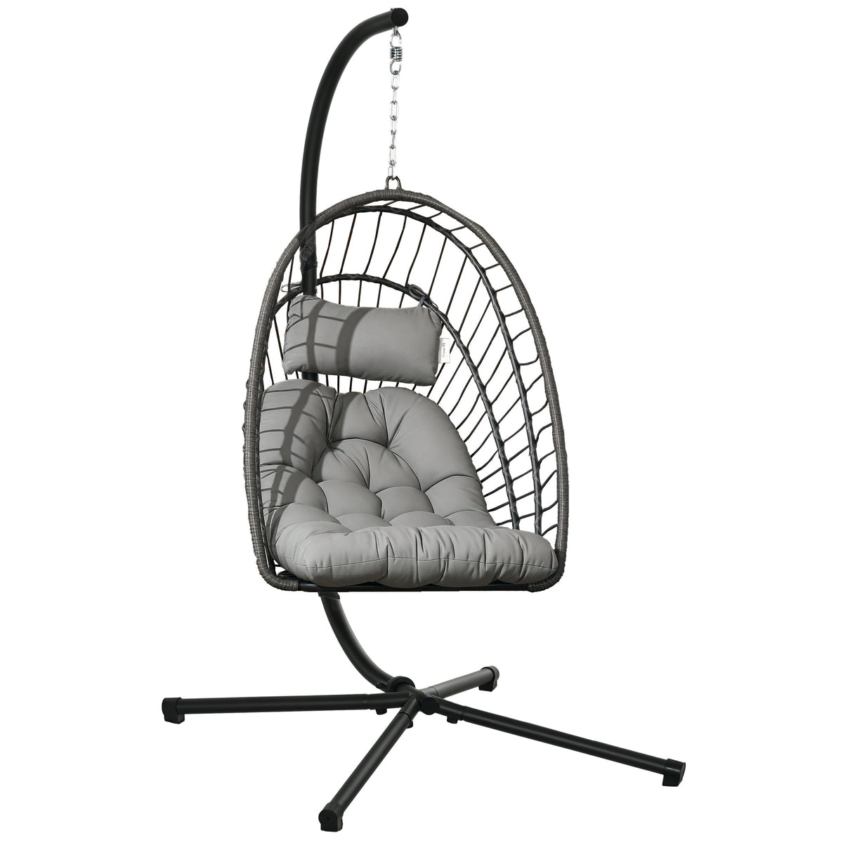 Rattan Hanging Egg Chair with Metal Stand, Foldable Basket & Cushion, Light Grey — product view 1