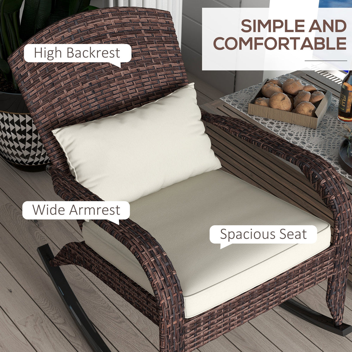 Wicker Adirondack Rocking Chair with Cushion and Pillow, Cream White/Brown — product view 7
