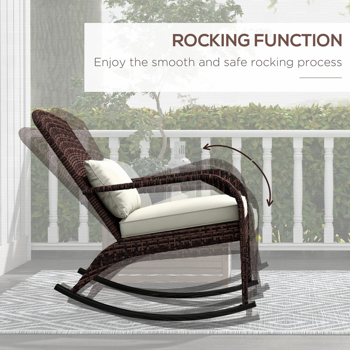 Wicker Adirondack Rocking Chair with Cushion and Pillow, Cream White/Brown — product view 6