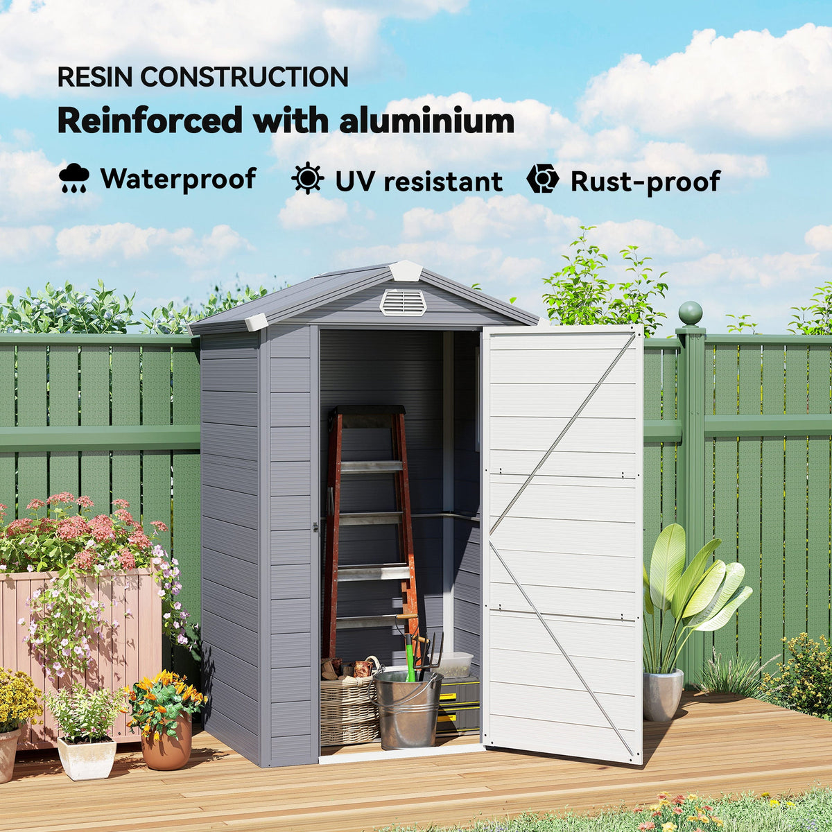 4.4' x 3.3' Garden Storage Shed with Aluminum Frame, Latched Door & Air Vents, Grey — product view 6