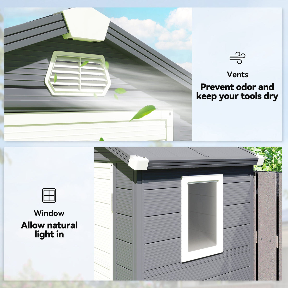 4.4' x 3.3' Garden Storage Shed with Aluminum Frame, Latched Door & Air Vents, Grey — product view 7