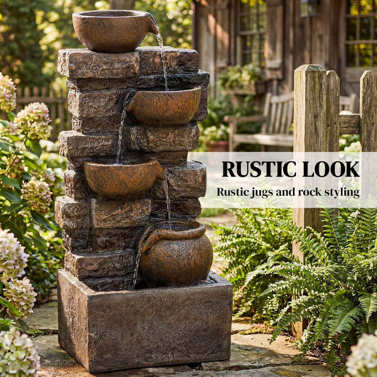 28" 5-Tier Outdoor Fountain with LED Lights and Adjustable Flow, Rustic Brown — product view 6