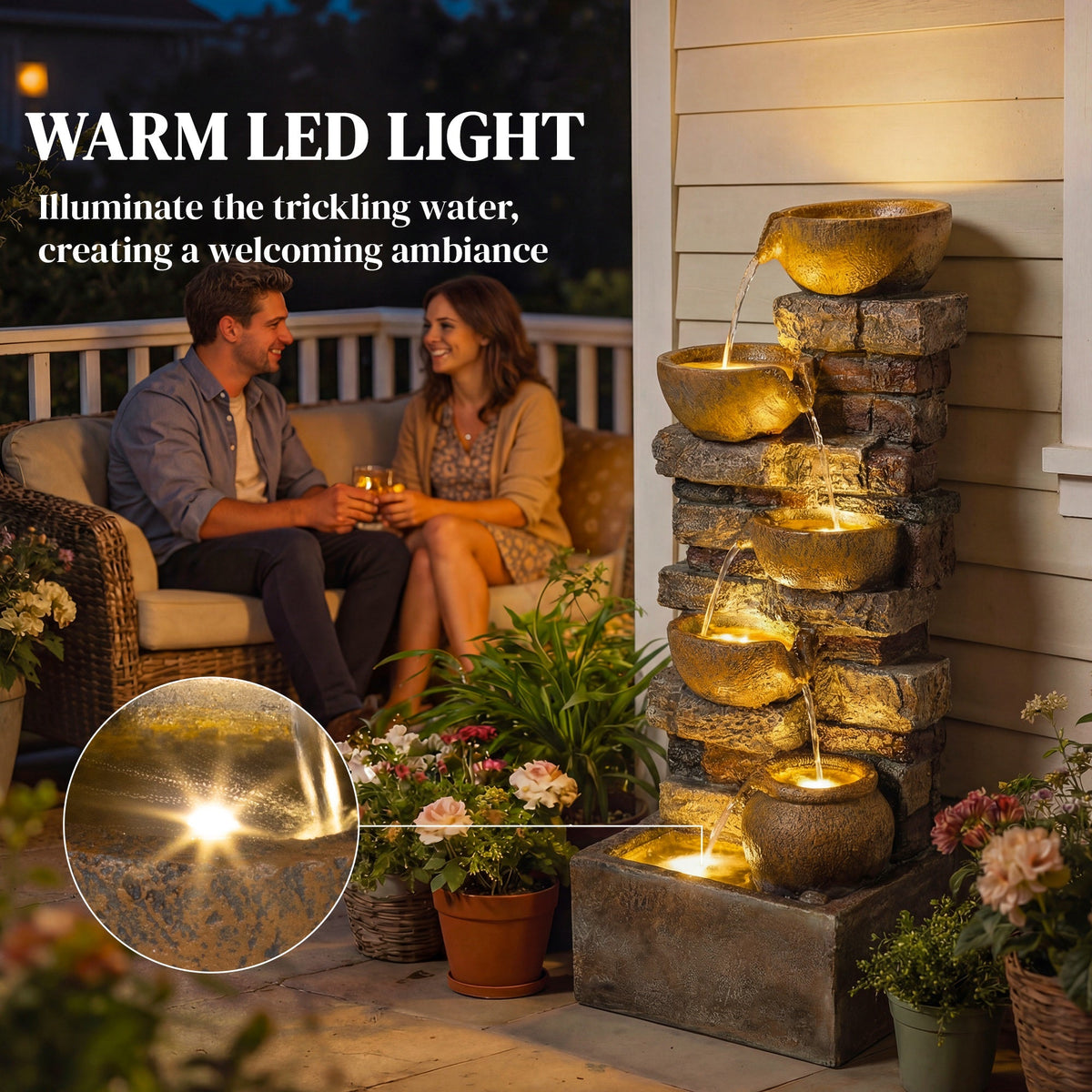 28" 5-Tier Outdoor Fountain with LED Lights and Adjustable Flow, Rustic Brown — product view 7