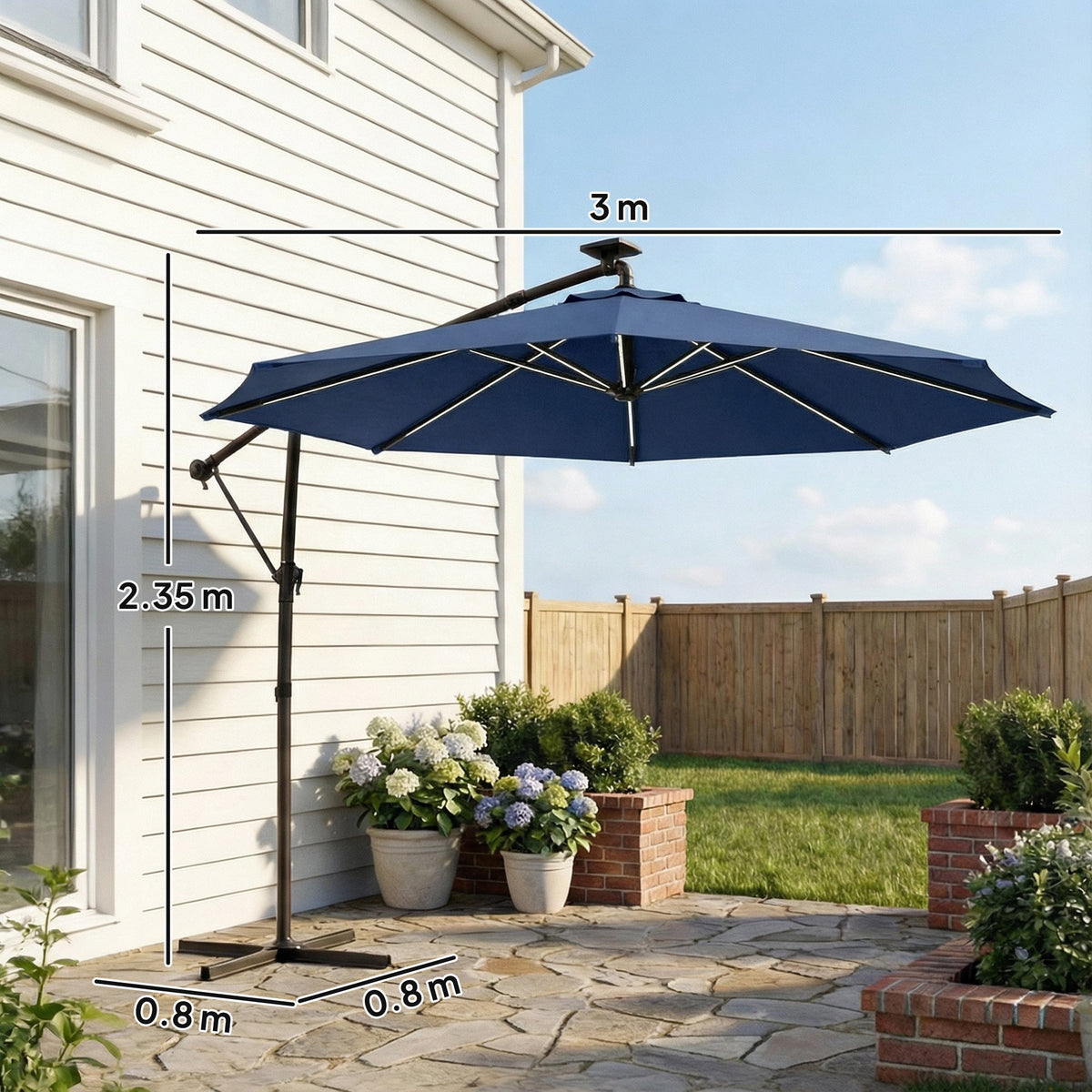 3 m Cantilever Parasol with Solar LED Light, Cover & 360° Rotation, Navy Blue — product view 5