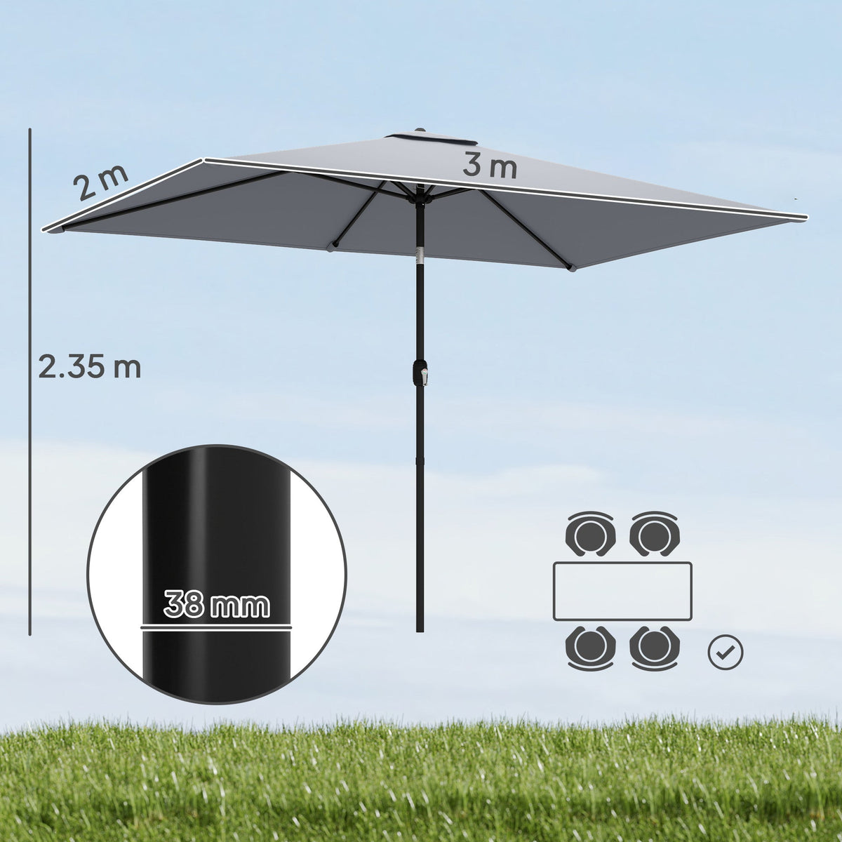3 x 2 m Garden Parasol with Crank Handle and Tilt Function, Light Grey — product view 5