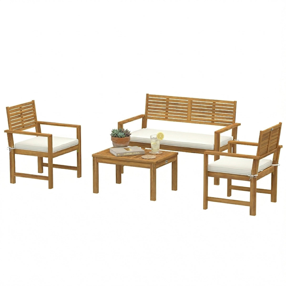 4-Seater Acacia Wood Outdoor Set with Loveseat, 2 Armchairs & Wood-Top Table, Cream — product view 2