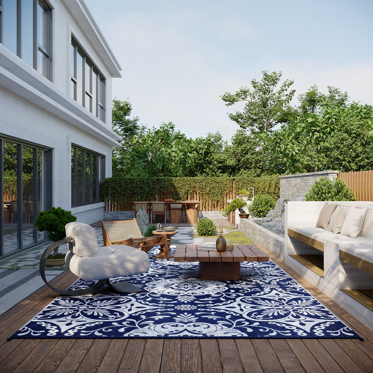 9' x 18' Reversible Outdoor Rug, Blue & White Floral — product view 4
