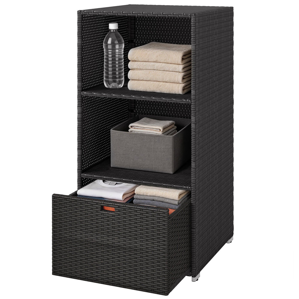 Pool Towel Rack with 2 Shelves and Basket Drawer, PE Rattan, Dark Brown — product view 2