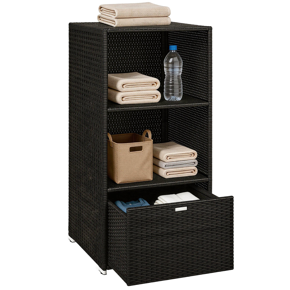 Pool Towel Rack with 2 Shelves and Basket Drawer, PE Rattan, Dark Brown — product view 1