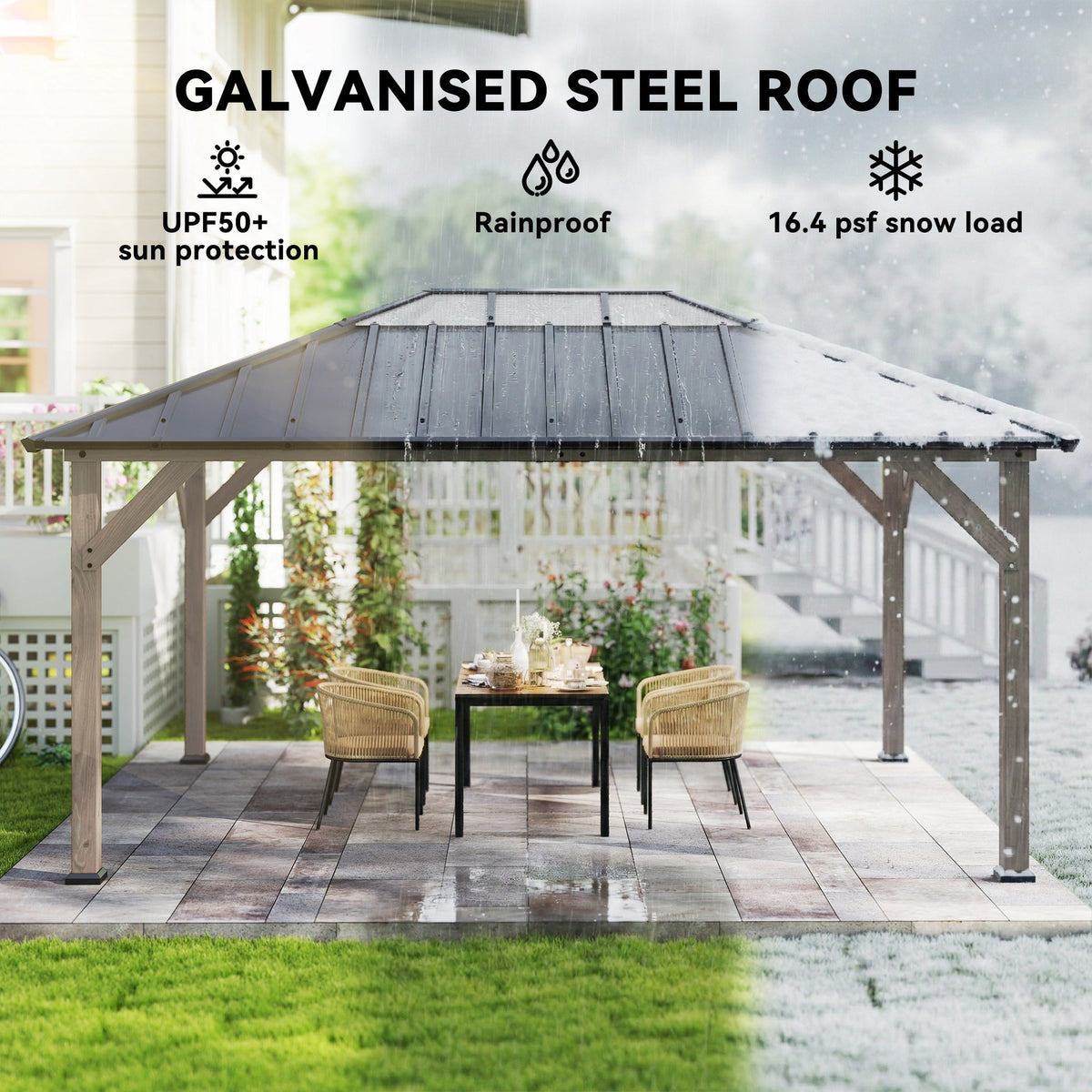 12' x 16' Wood Hardtop Gazebo with Clear Roof, Light Walnut — product view 6