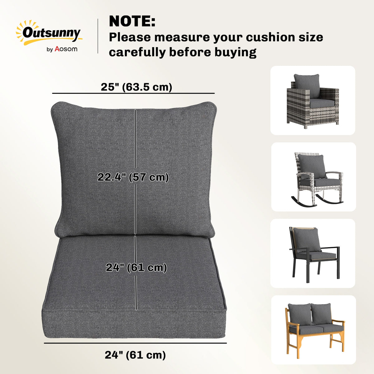 Set of 4 Outdoor Chair Cushions, 24" x 24", Grey — product view 5