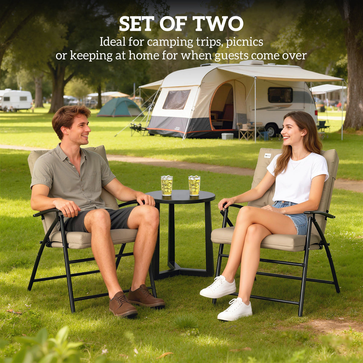 Set of 2 Folding Outdoor Dining Chairs with Adjustable Backrest, Khaki — product view 6
