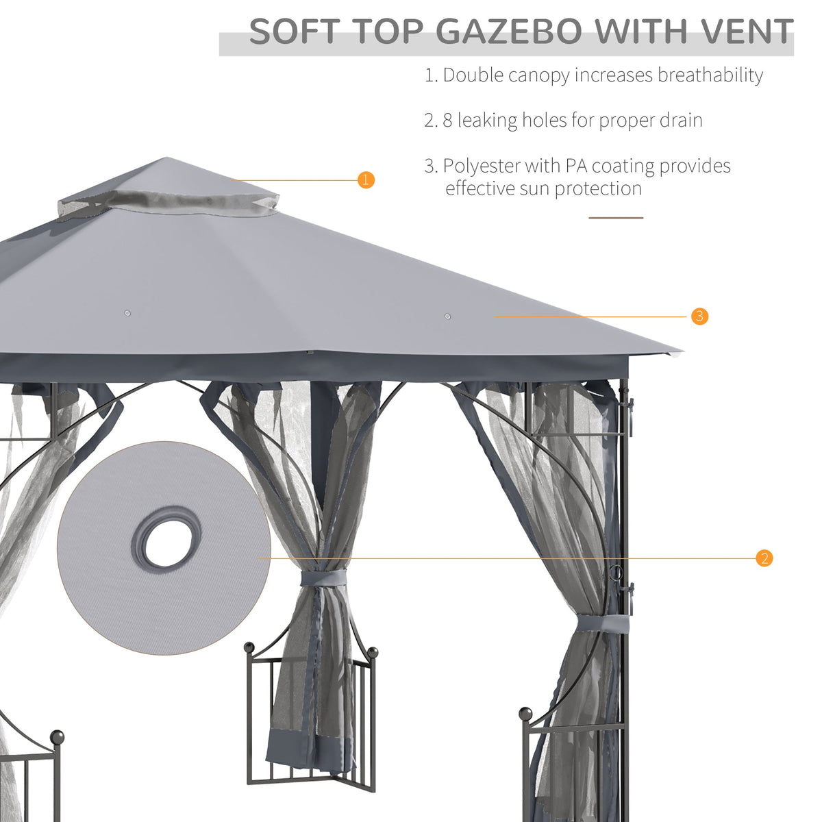 3 x 3m Garden Gazebo with Double Tier Roof & Netting, Light Grey — product view 6