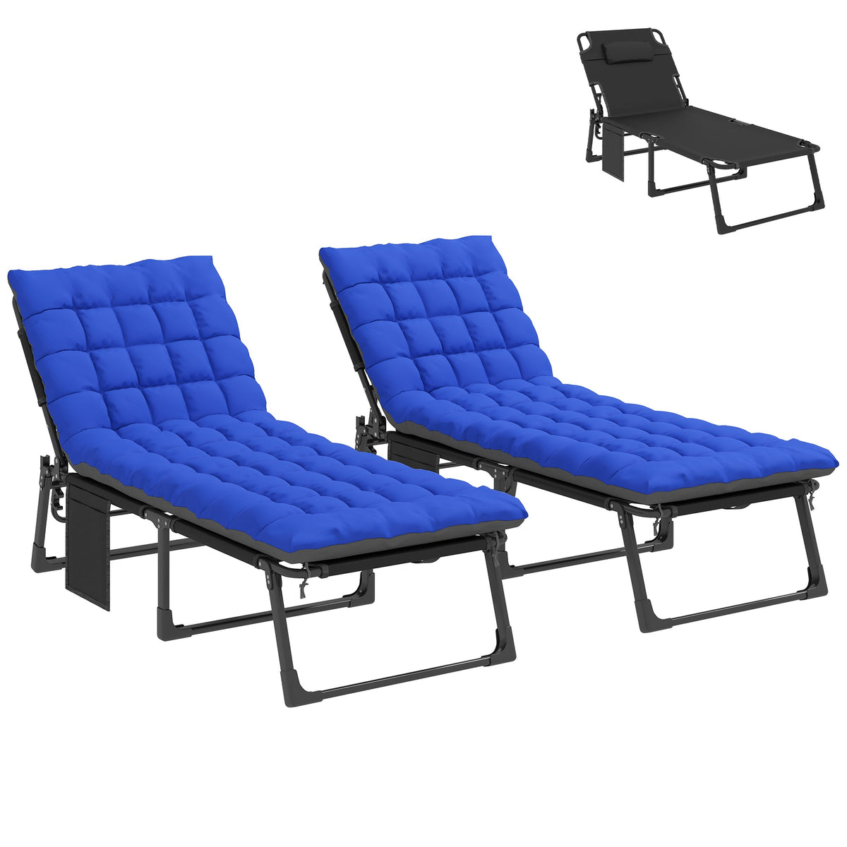 2 Piece Reclining Outdoor Chaise Lounge Chairs with Cushions, Dark Gray/Blue — product view 1