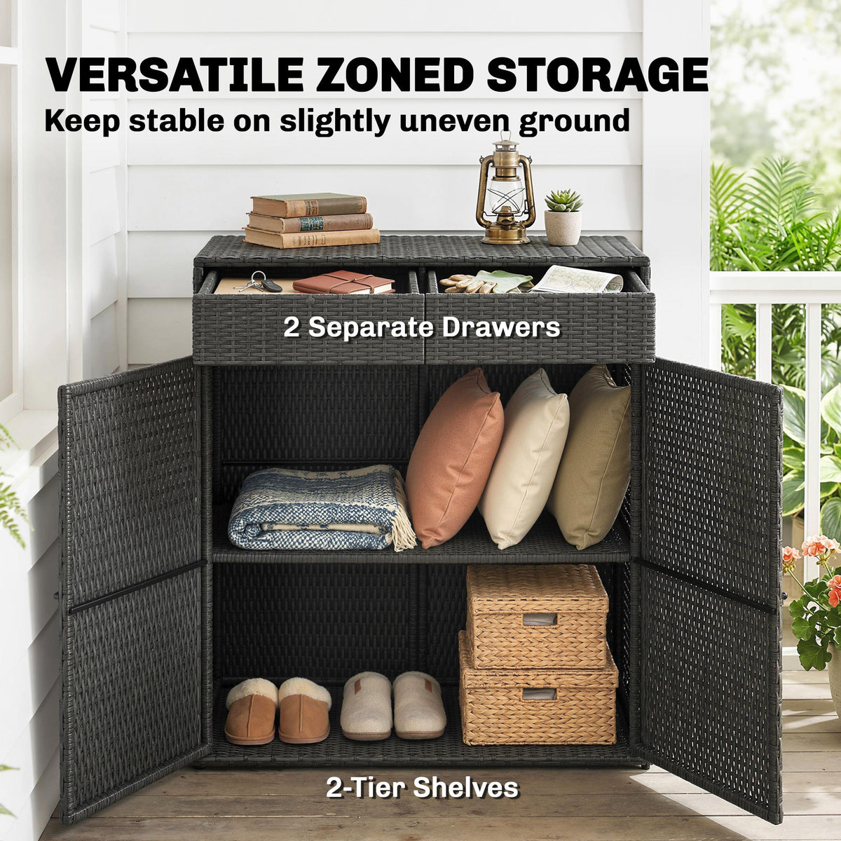 Wicker Outdoor Storage Cabinet with 2 Drawers and 2-Tier Shelves, Dark Grey — product view 6
