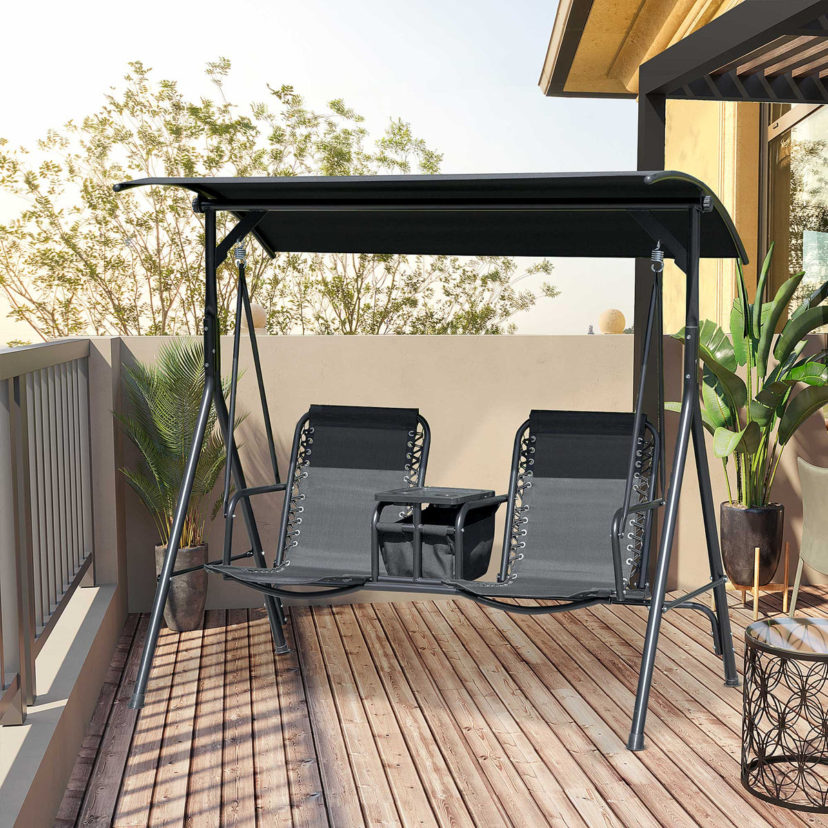 2 Person Porch Swing with Pivot Table, Cup Holder and Canopy, Black — product view 4