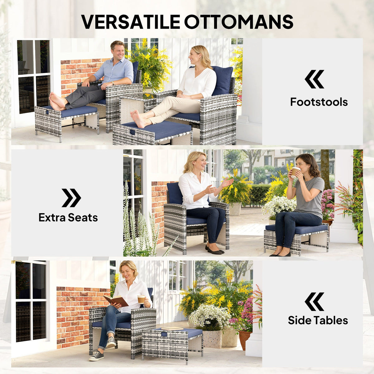 5-Piece Rattan Patio Set with Ottomans & 2-Tier Glass Table, Grey/Dark Blue — product view 7
