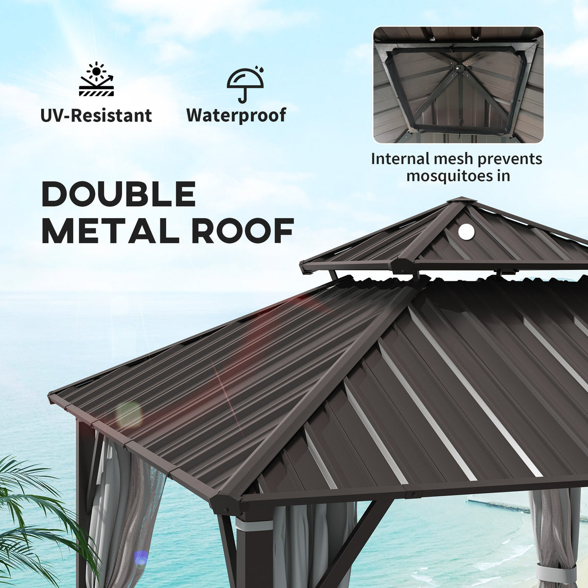 3 x 3 m Hardtop Gazebo with Double Metal Roof, Netting & Curtains, Grey — product view 6