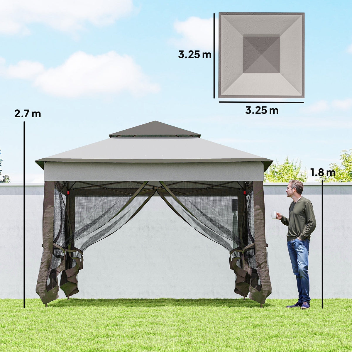 3 x 3m Pop Up Gazebo with Double Tier Roof, Netting & Carry Bag, Light Grey — product view 5