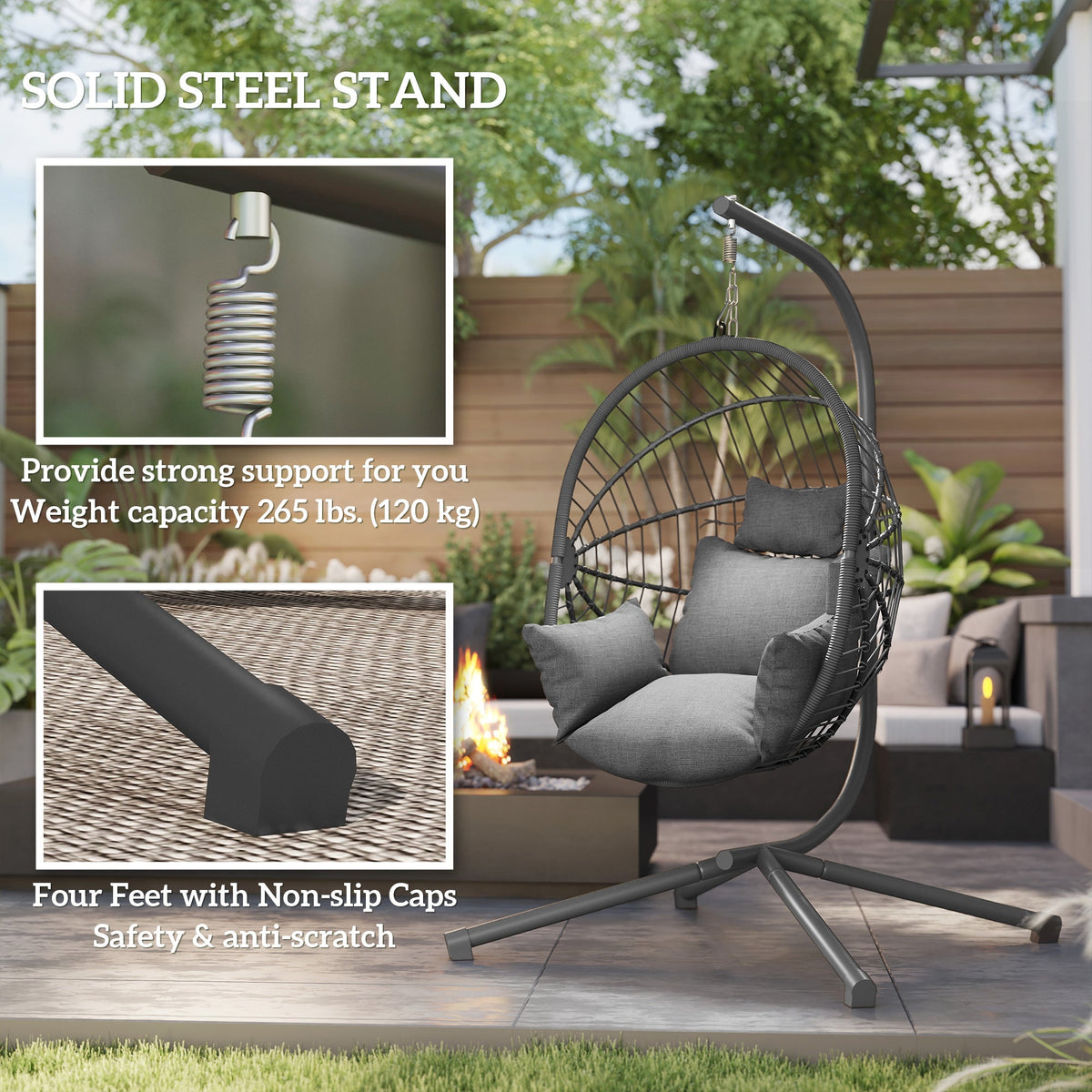 Hanging Egg Chair with Stand, Thick Cushion and Cup Holder, Grey — product view 6
