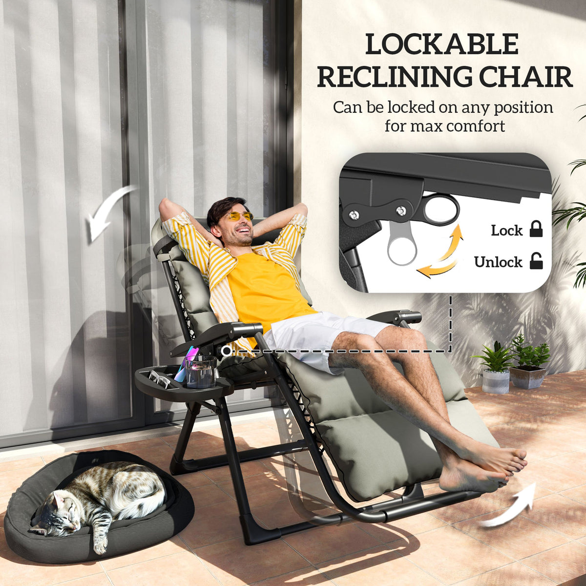 Set of 2 Zero Gravity Chairs with Cup and Phone Holder Tray, Grey — product view 6