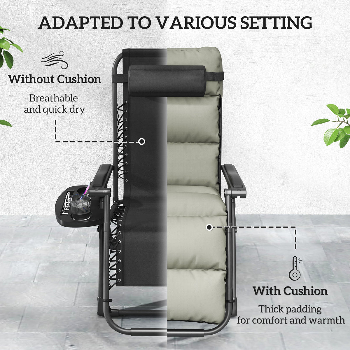 Set of 2 Zero Gravity Chairs with Cup and Phone Holder Tray, Grey — product view 7