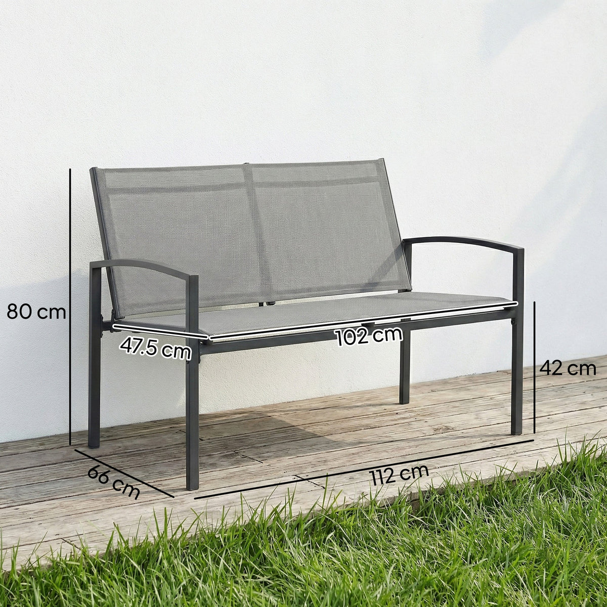 2 Seater Metal Garden Bench with Texteline Seat, Grey — product view 5