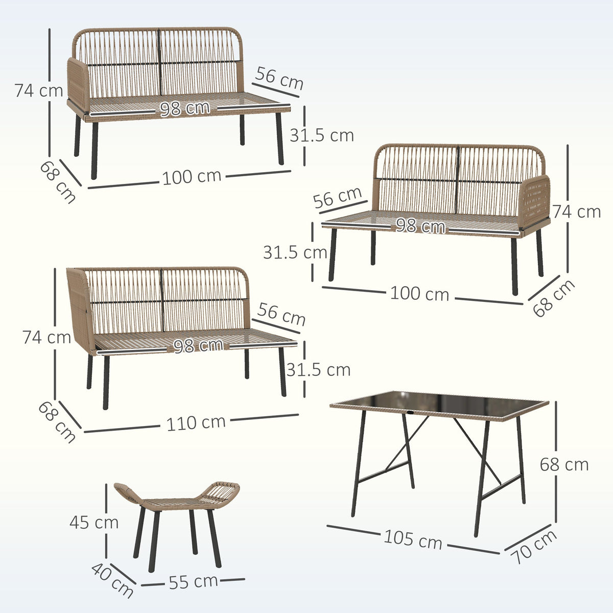 6 Piece Rattan Garden Furniture Set, 8 Seater Corner Sofa with Glass Table, Cream White — product view 5