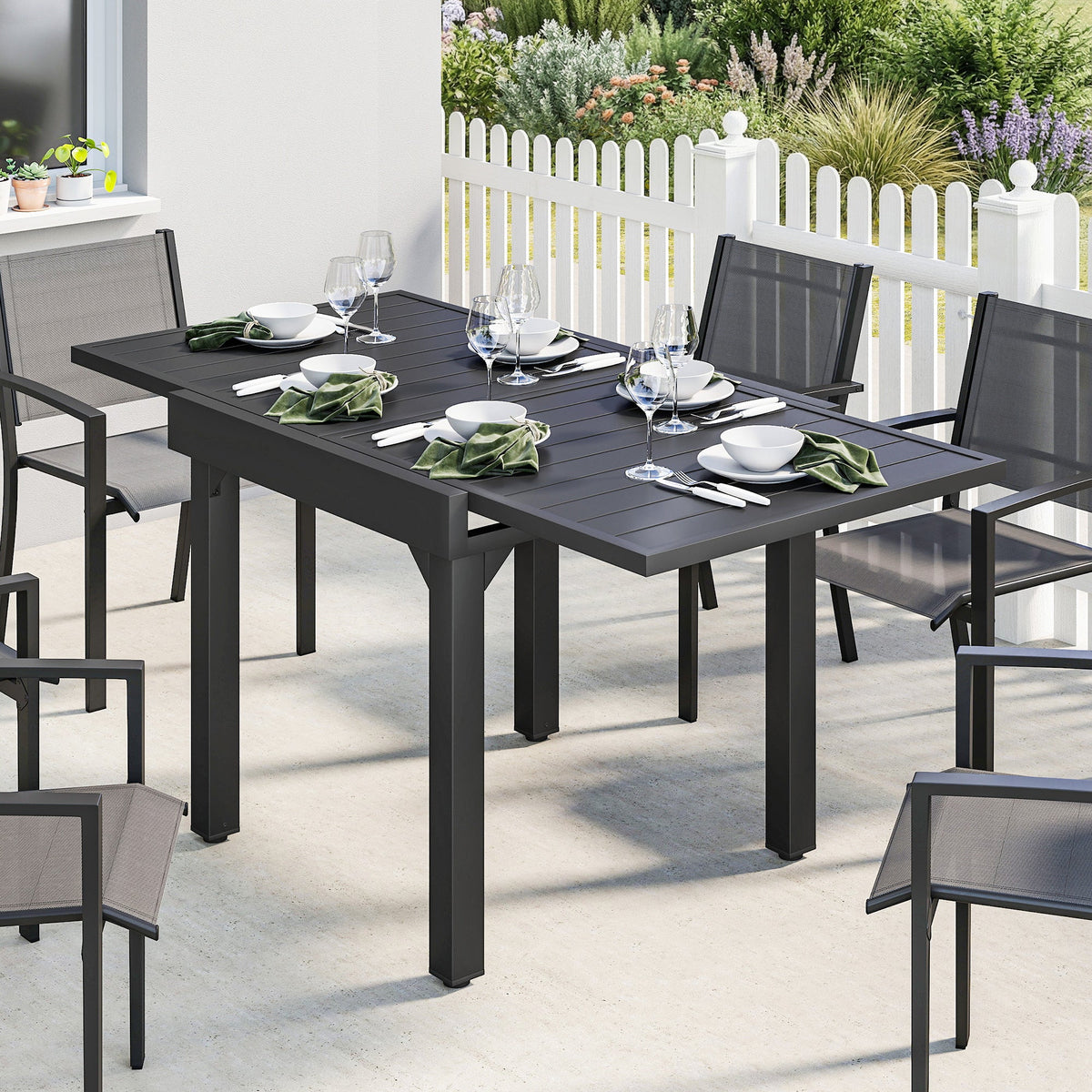 80-160 cm Extendable Aluminium Garden Table for 4-6 People, Black — product view 3
