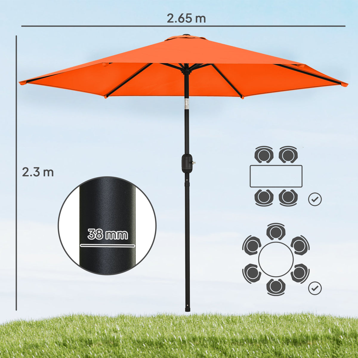 2.6 m Garden Parasol with Tilt, Crank, Vent & Aluminium Pole, Orange — product view 5